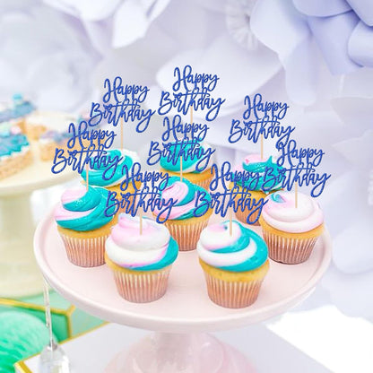24 PCS Happy Birthday Cupcake Toppers Glitter Picks for Celebrating Anniversary Theme Party Cake Decorations Supplies Gold