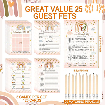 Yinder 145 Pcs Baby Shower Games Activities Cards with 20 Pencils Includes Baby Bingo Description and Wishes Guess Who Price is Right Word Scramble Game(Here Comes the Son)