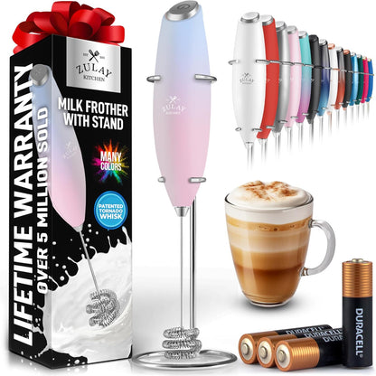 Zulay Kitchen Powerful Milk Frother Wand With Duracell Batteries - Ultra Fast Handheld Drink Mixer - Electric Whisk Foam Maker for Coffee, Lattes, Cappuccino & Matcha - Z1 Motor - Black - Colors B