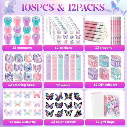 BenLouis 108Pcs Butterfly Party Favors Butterfly Fairy School Stationery Set Bulk for Kids Spring Flower Tea Birthday Birthday Goodie Bag Stuffers Classroom Gifts Rewards Pinata Filler