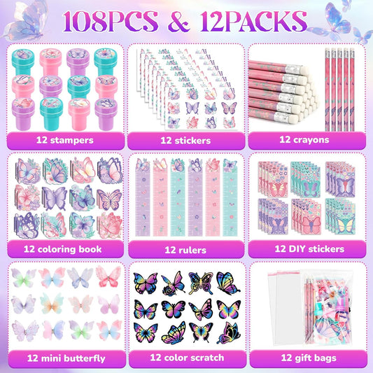 BenLouis 108Pcs Butterfly Party Favors Butterfly Fairy School Stationery Set Bulk for Kids Spring Flower Tea Birthday Birthday Goodie Bag Stuffers Classroom Gifts Rewards Pinata Filler