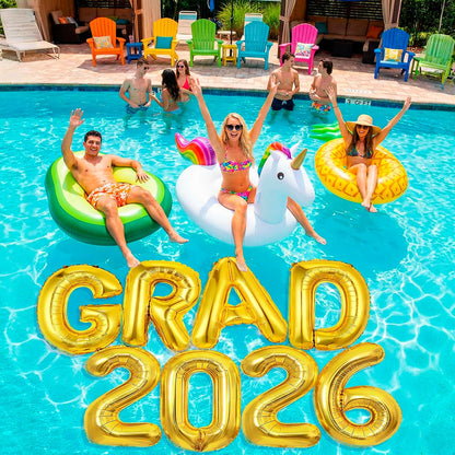 8 Pcs Grad Balloons Graduation Party Decorations - 32 Inch Large Grad 2026 Inflatable Pool Float Letters Balloons, Gold Aluminum Foil Congrats Grad Balloon for Graduation Celebration Beach Party Decor