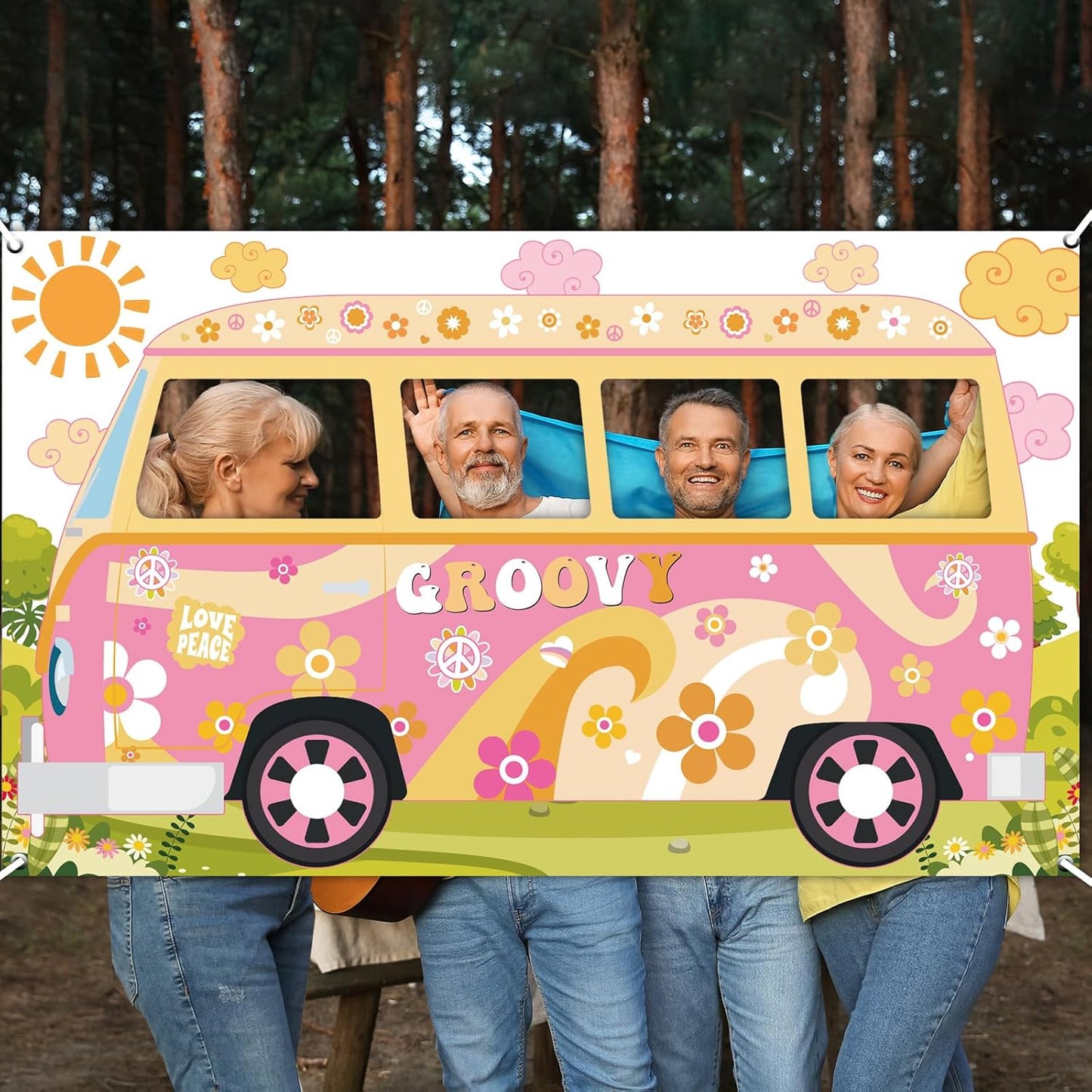 Hippie Bus Photo Prop Groovy Birthday Party Decorations Large Fabric Groovy Van Prop Hippie Selfie Frame Backdrop Background Banner Birthday Supplies Retro Daisy 60s 70s Party Favors 65.8 x 35.4 Inch