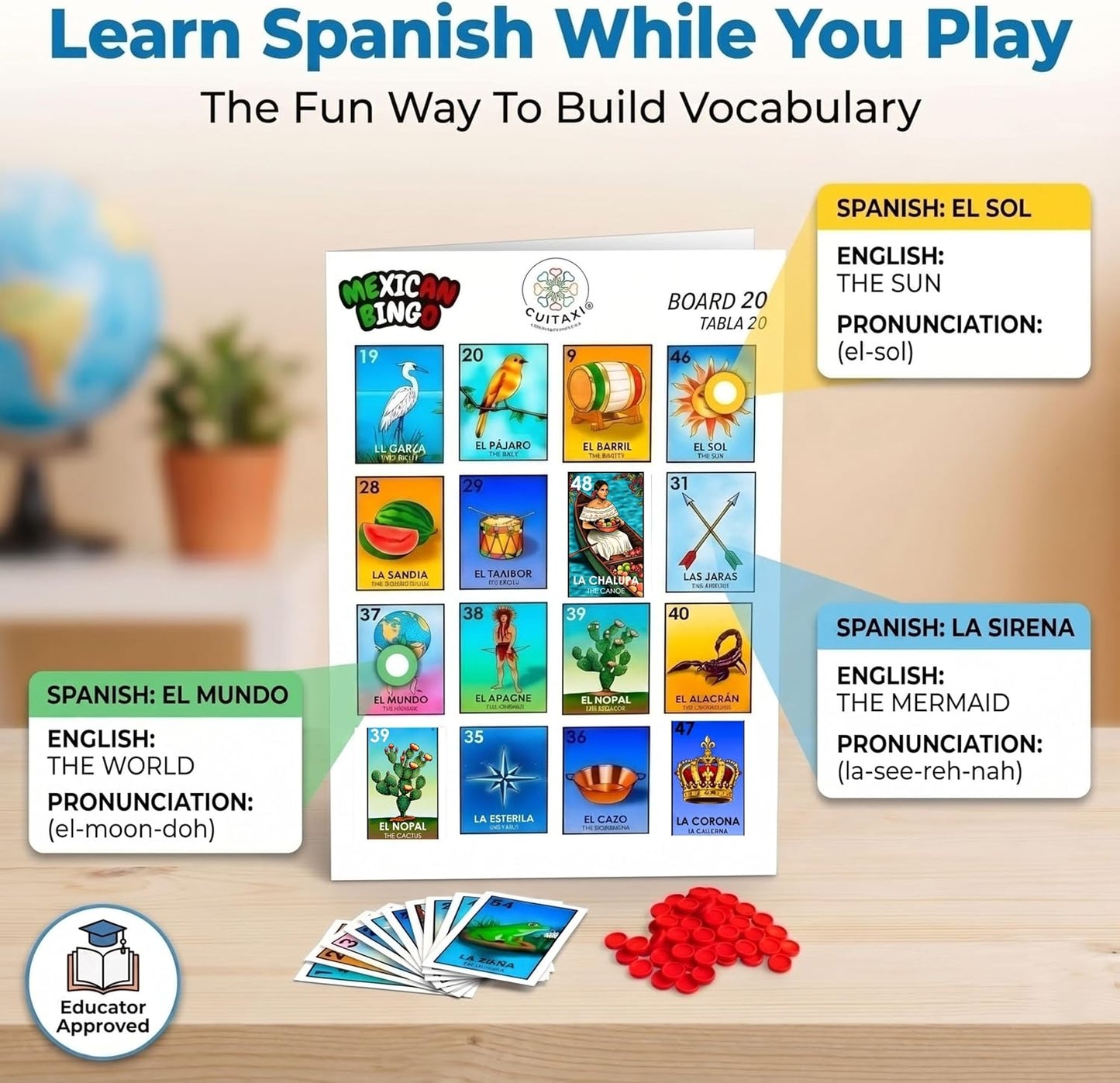 Cuitáxi Mexican Bingo Game with 100 Bingo Chips for 20 Players Made in Mexico - Mexican Gifts de lujo - Juegos de mesa - Spanish Board Games
