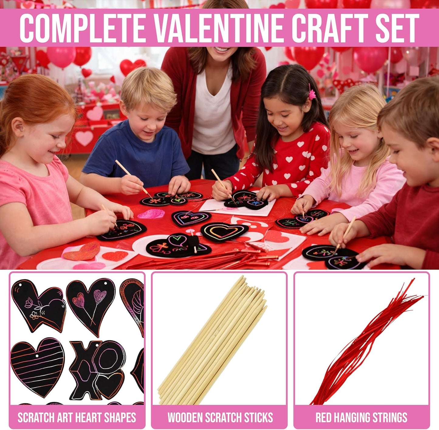 Iconikal Valentines Day 48 Ornament Cards with 24 Sticks Magic Scratch Art Hearts, Bulk Pack for Kids, Red, Pink and White Background