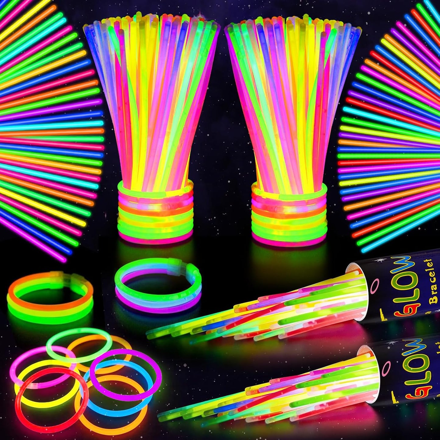 SHQDD 100 Glow Sticks Bulk Party Pack, 8” Neon Glow Sticks, DIY Glowsticks with Connectors Bracelets & Necklaces, Glow in the Dark Party Supplies for Kids, Adults, Parties, Halloween & New Year