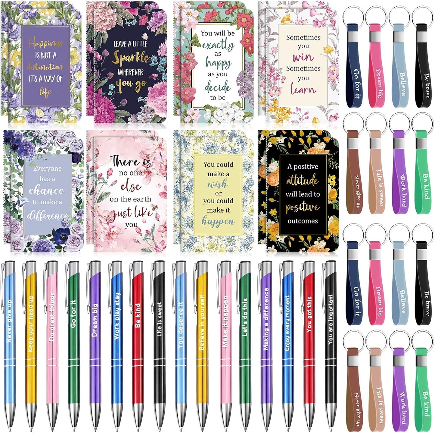 PerKoop 48 Pcs Inspirational Gifts Bulk Motivational Notepads Ballpoint Pens Keychains Set Modern Farmhouse Journal Notebooks Christian Gifts for Teachers School Office Party Favor Supplies
