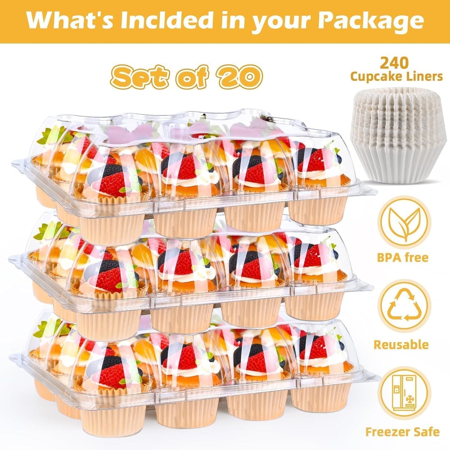 Plastic Cupcake Containers 12 Count (12 Sets), Stackable Cupcake Boxes Holders with Tall Dome Lid, Disposable Cupcake Carrier Trays Include 150 Cupcake Liners