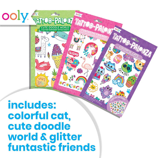 Ooly 50 Glitter Temporary Tattoos For Kids, Safe & Non-Toxic Temporary Tattoo, Party Favors Gifts for Kids, Great Goodie Bag Stuffers & Fun Birthday Decorations - Doodle World