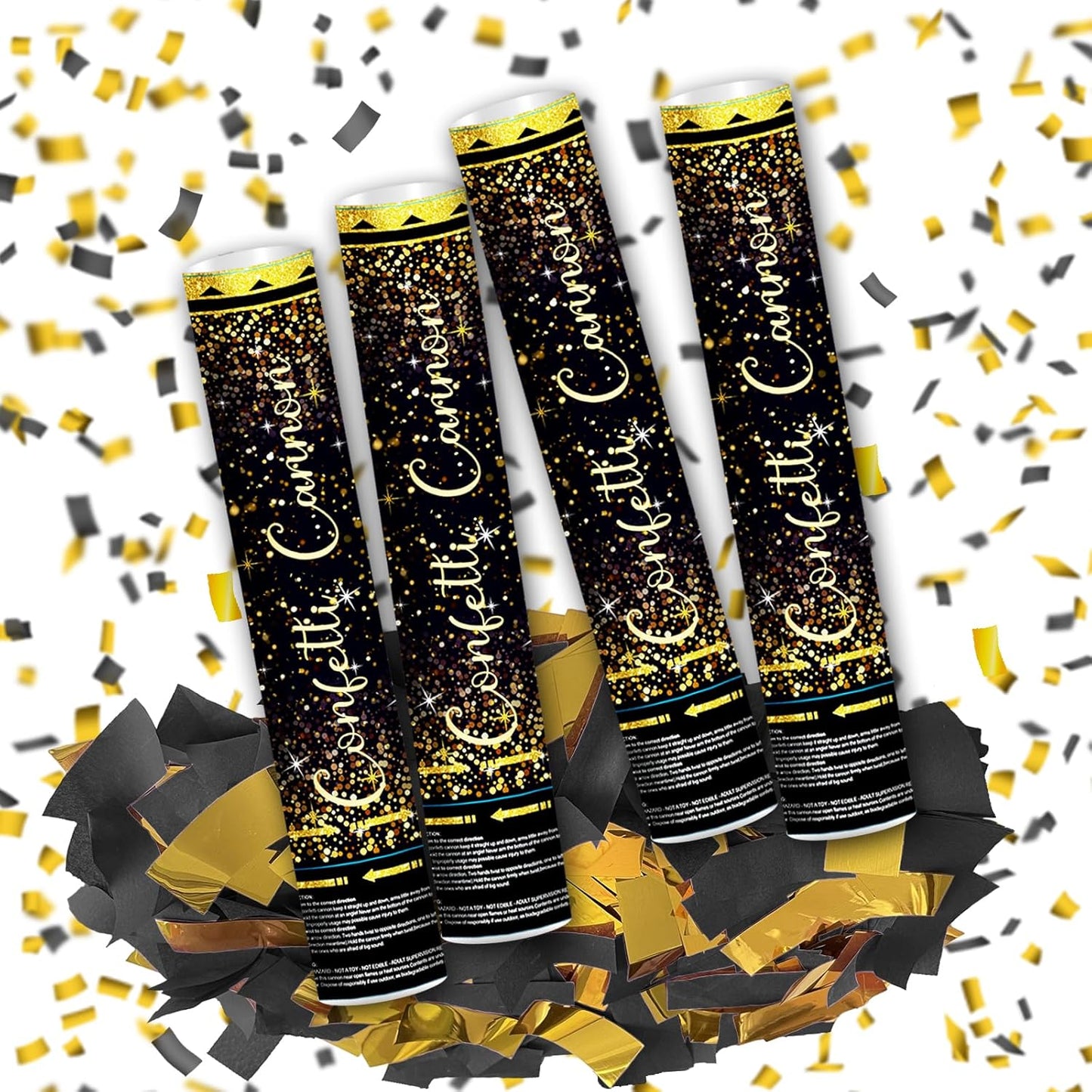 12" Black Gold Confetti Cannon Party Poppers for Birthday Graduation Wedding Retirement New Year Celebrations - Easy to Use, Pack of 2