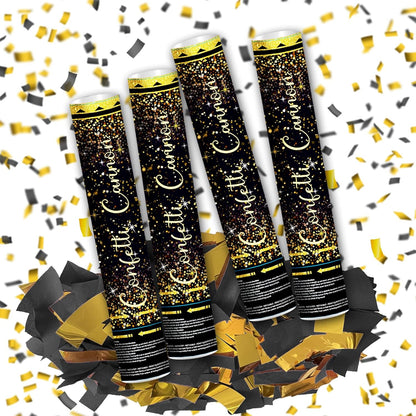 12" Black Gold Confetti Cannon Party Poppers for Birthday Graduation Wedding Retirement New Year Celebrations - Easy to Use, Pack of 2