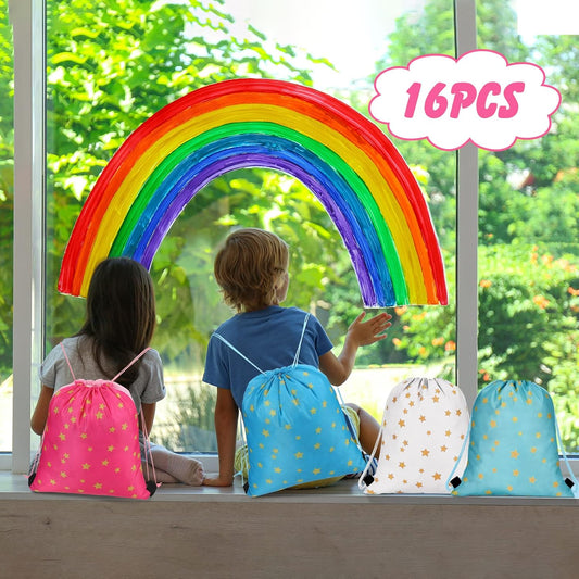Funtery 16 Pcs Star Drawstring Backpack for Kids Star Party Favors Bags Starry Goodie Treat Gift Bags Drawstring Sackpack Sport Cinch Backpack for Girls Boys School Birthday Baby Shower Supplies