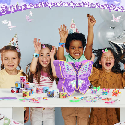 Pasimy 51 Pcs Butterfly Piñata Set Butterfly Birthday Party Supplies Piñata with Stick Blindfold Sticker Hairpin Ring Slap Bracelet Keychain Party Favors for Family Game Decoration(Pink)