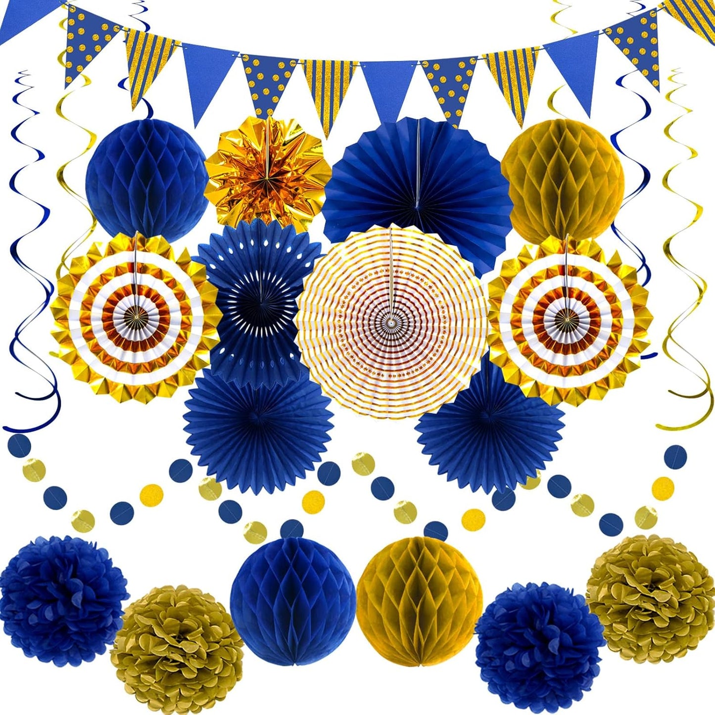 24PCS Patriotic Decorations 4th of July Decorations Set Red White Blue Hanging Paper Fans USA Flag Pennant Pom Poms Hanging Swirls Party Supplies for Memorial Day Independence Veterans