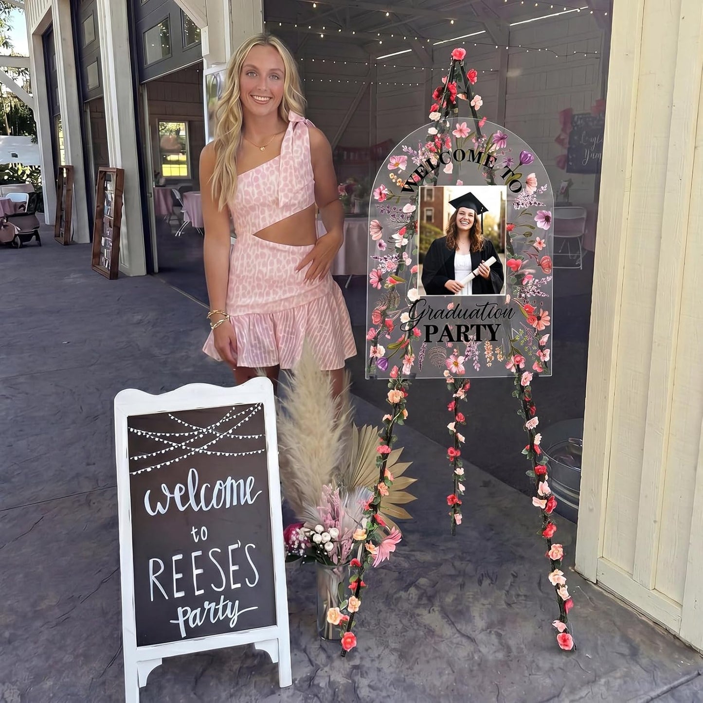 Yousoontic 3 Pcs Graduation Party Welcome Sign with Photo Set 18x24" Acrylic Wildflower 2026 Yard Sign with Easel Stand 24.6ft Flower Garland Grad Senior High School College Decor for Graduation Party
