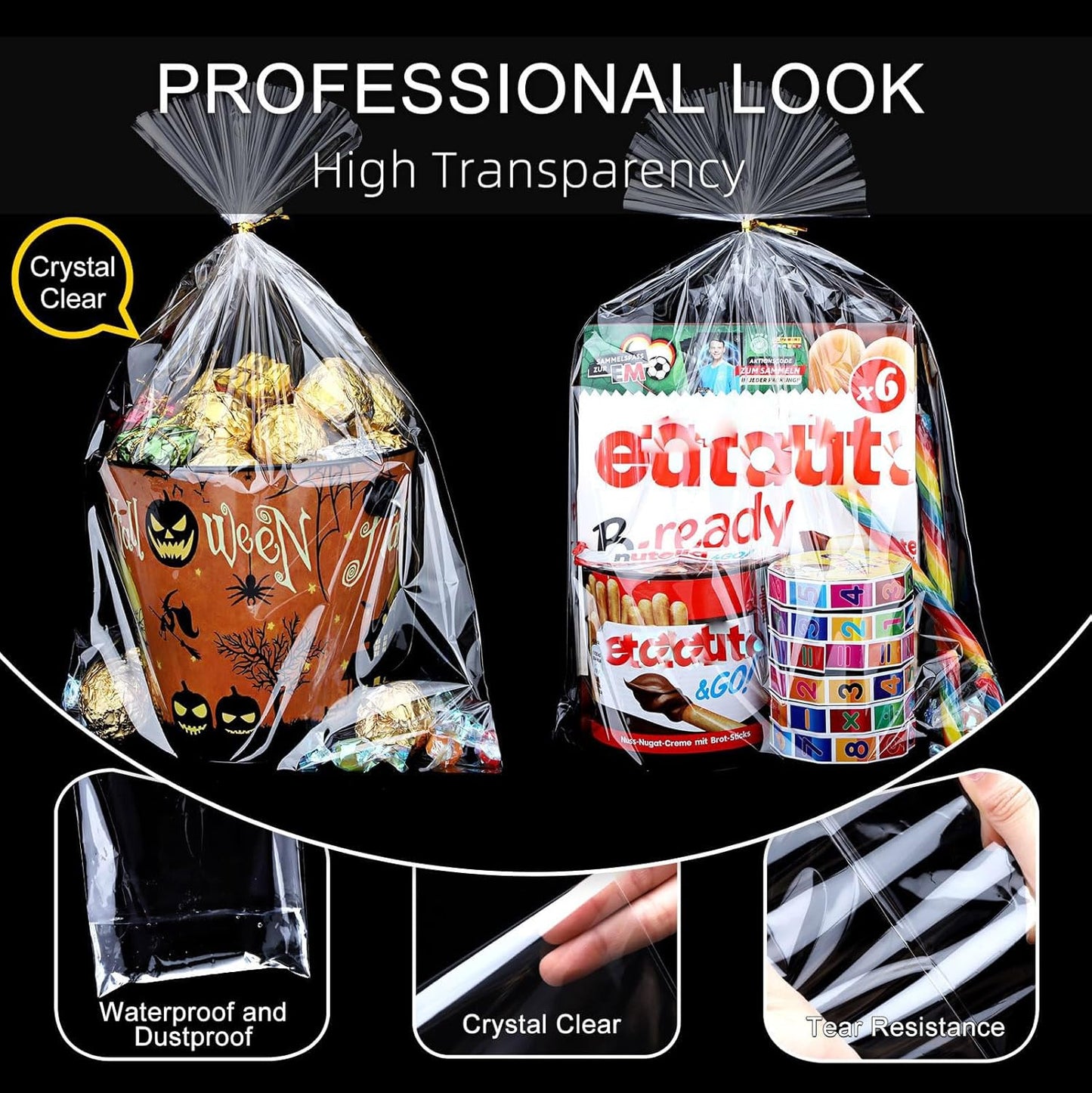 Clear Candy Bags 100pcs 6X10 Cellophane Treat Bag Party Favor Goodie Cake Pop Gift Apple Cello for Gift Baskets Bakery Cookie with Ties