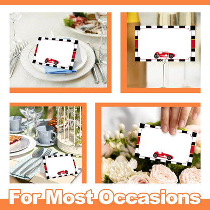 Table Place Cards, Race Car Place Cards for Table Setting, Racing Car Themed Tent Style Food Name Labels, Receptions Parties Events Celebrations Fill-in Place Cards, 25 Pack -09