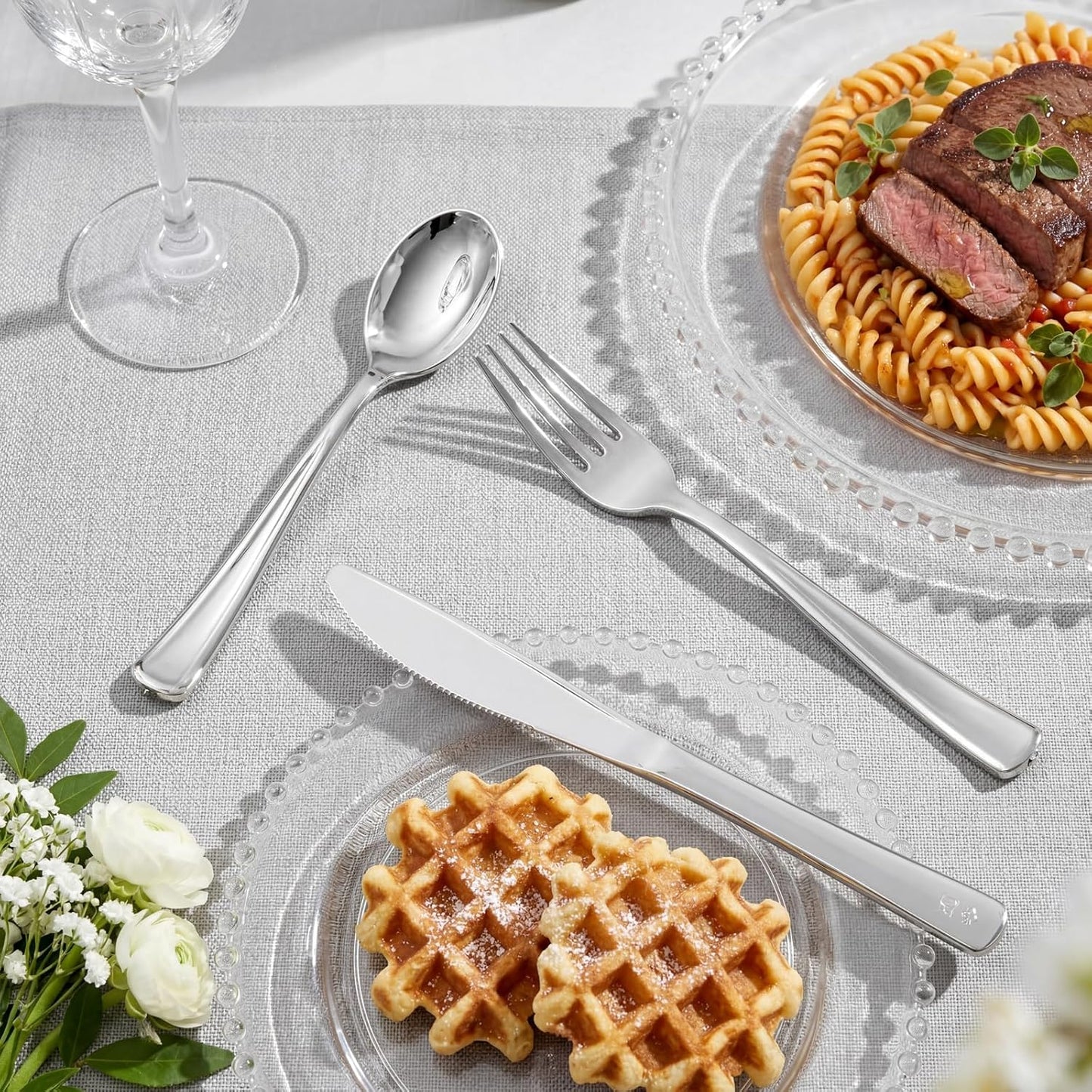 Supernal 360pcs Silver Plastic Cutlery,Elegant Plastic Silverware,Silver Hammed Silverware,Disposable Flatware,Include 120 Forks,120 Knvies,120 Spoons,Perfect for Birthday,Party,Wedding