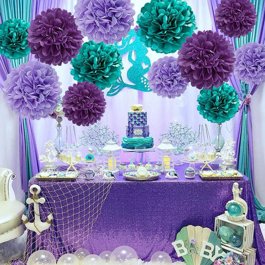 Purple Tissue Paper Pom Poms Flowers for Little Mermaid Theme Birthday Decorations Lavender Girl Teal Party Decorations