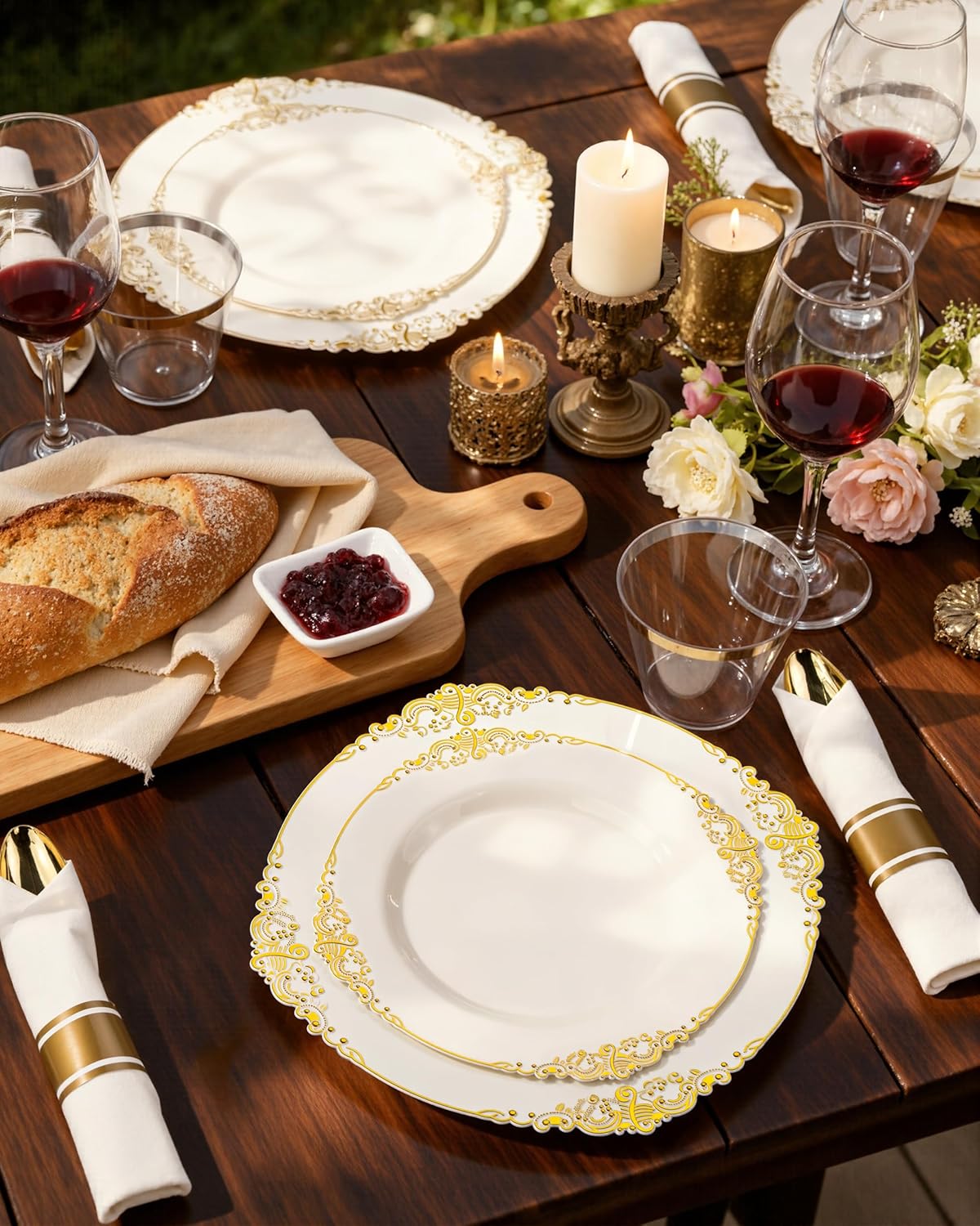 Nervure 350PCS Gold Plastic Plates - Gold Plastic Dinnerware Sets for 50 Guests - 100 Disposable Plates, 150 Silverware, 50 Cups, 50 Napkins for Wedding & Party & Mothers Day
