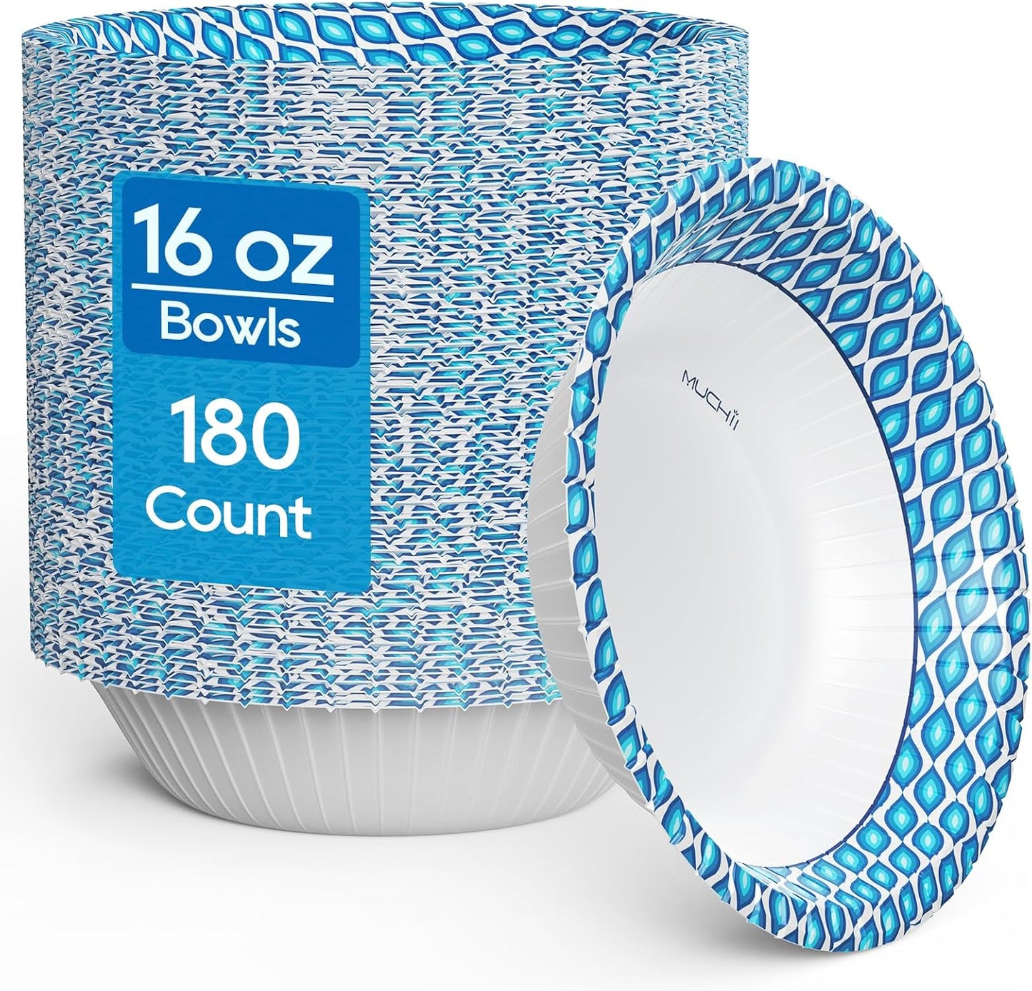 MUCHII 20 Oz Paper Bowls 180 Count Disposable Bowls, Printed Soak Proof Large Bowls for Breakfast, Lunch, and Dinner Meals