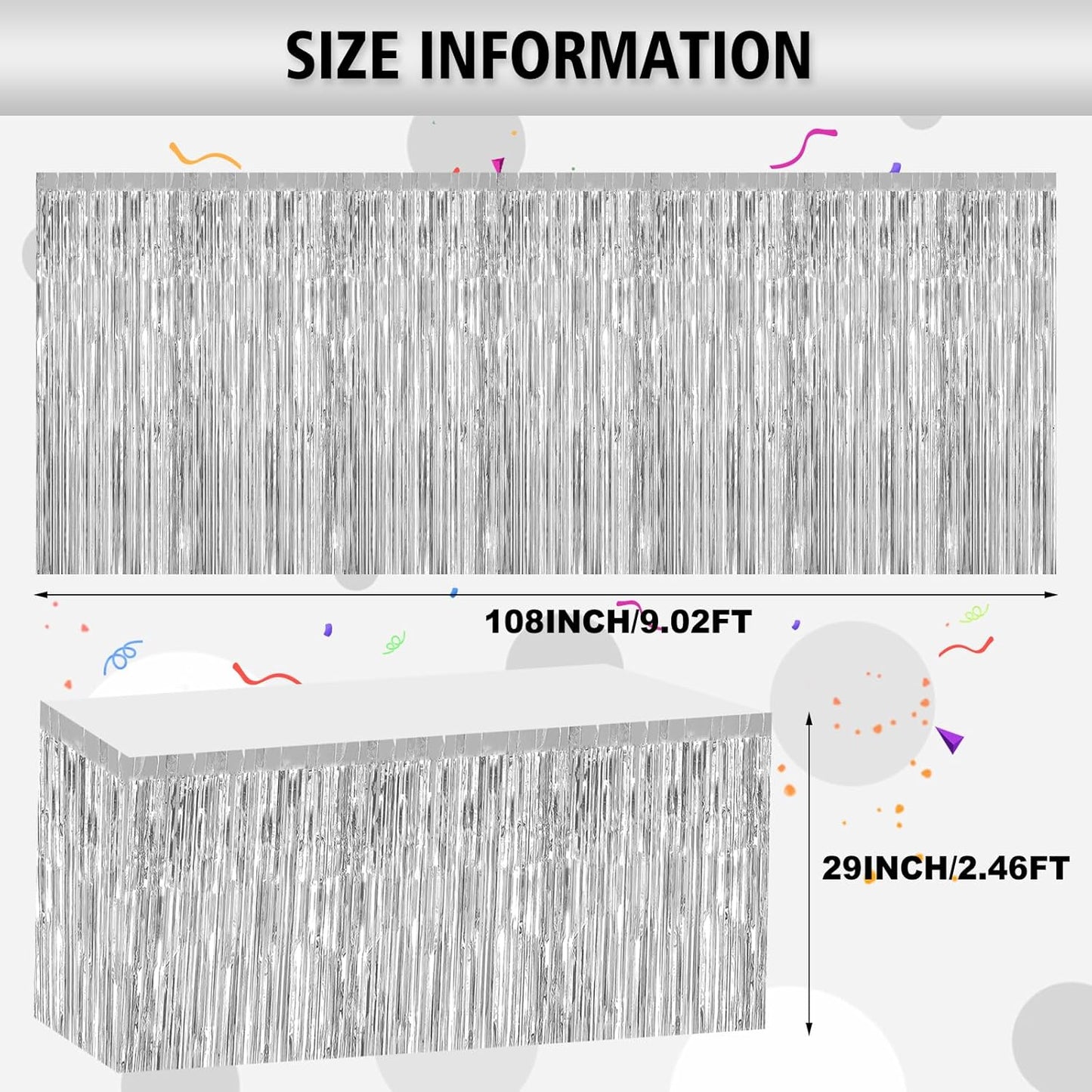 2 Pack 29.5x108 Inch Silver Foil Tinsel Fringe Table Skirts, Disposable Table Skirts for Rectangle Tables Curtains Backdrop Parade Wedding Floats Baby Shower Birthday Mardi Gras Party
