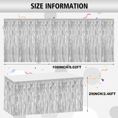 2 Pack 29.5x108 Inch Silver Foil Tinsel Fringe Table Skirts, Disposable Table Skirts for Rectangle Tables Curtains Backdrop Parade Wedding Floats Baby Shower Birthday Mardi Gras Party