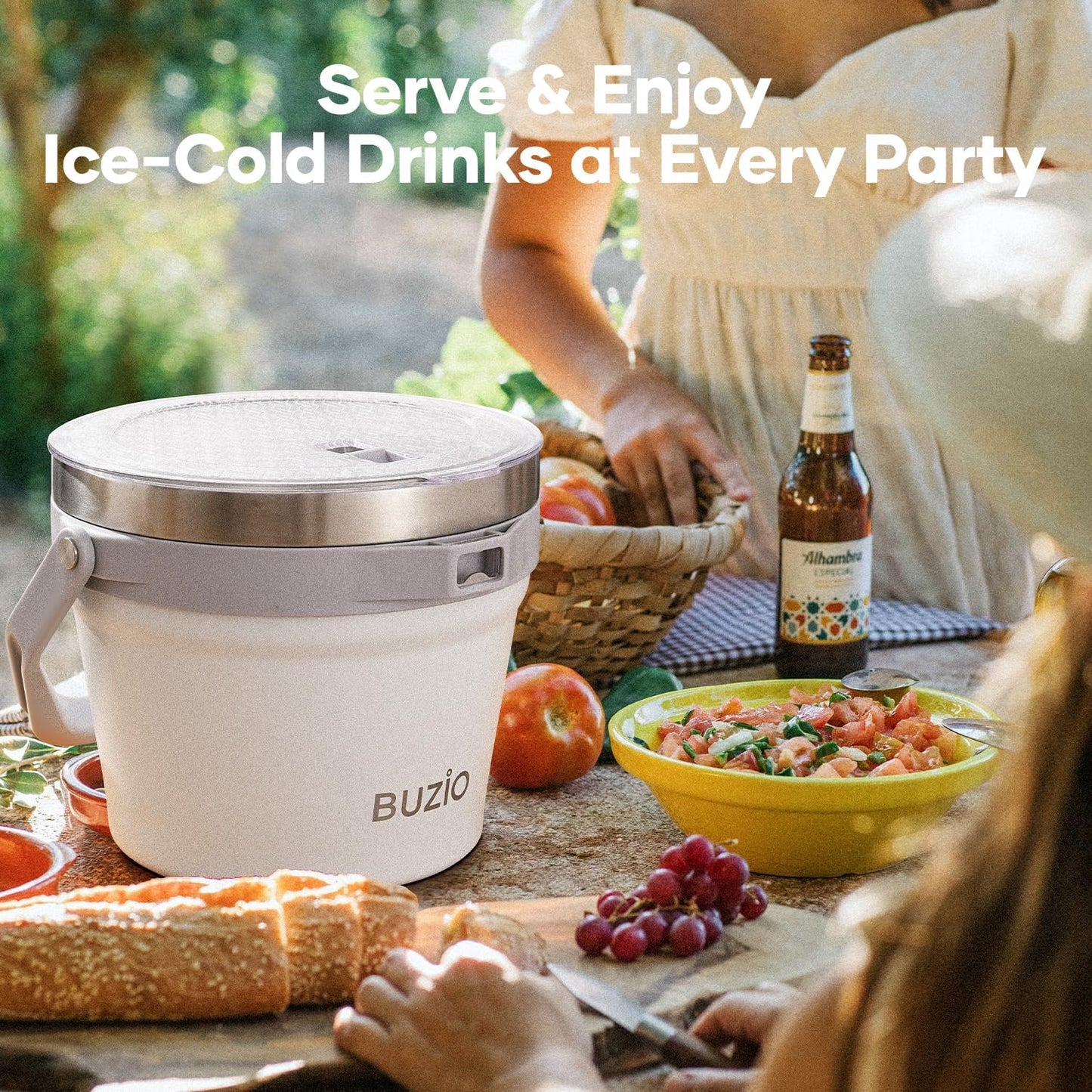 BUZIO 7 L Ice Bucket for Parties with Lid and Scoop & Tongs, Vacuum Insulated Stainless Steel Ice Buckets with Handle and Adjustable Shoulder Strap, Large Beverage Bucket for Cocktail Bar, Blue