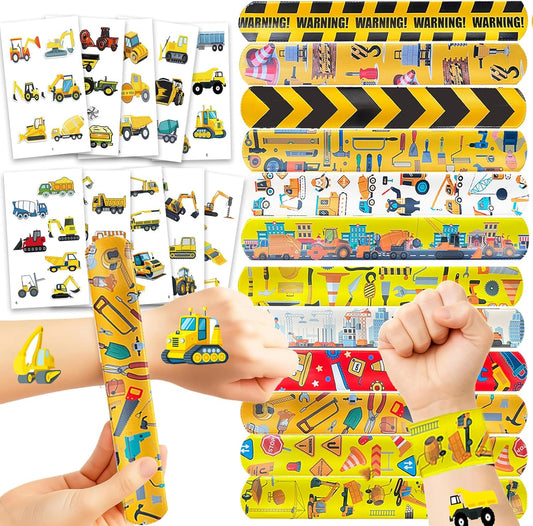 84PCS Engeering Vehicle Party Favors Set – 24pcs Slap Bracelets & 60pcs Temporary Tattoos with Construction Vehicle Designs, Engeering Theme Party Supplies for, Truck Decorations