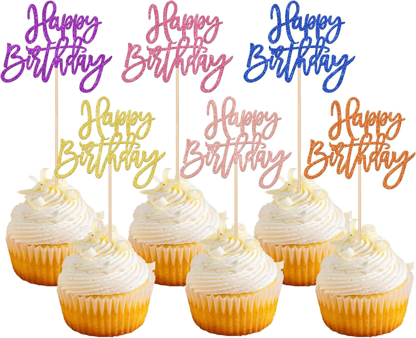 24 PCS Happy Birthday Cupcake Toppers Glitter Picks for Celebrating Anniversary Theme Party Cake Decorations Supplies Gold