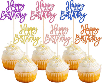 24 PCS Happy Birthday Cupcake Toppers Glitter Picks for Celebrating Anniversary Theme Party Cake Decorations Supplies Gold