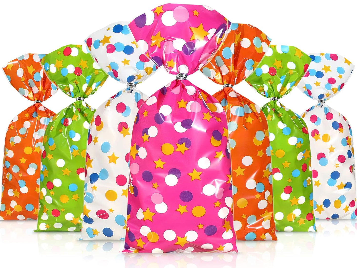 Pajean 100 Pcs Cellophane Treat Bags for Party Favors Polka Dots Goodie Star Treat Candy Bags with 100 Twist Ties Rainbow Stars Theme for Birthday Mother's Day Birthday Weddings Supplies
