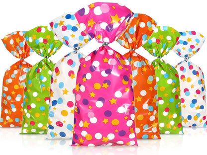 Pajean 100 Pcs Cellophane Treat Bags for Party Favors Polka Dots Goodie Star Treat Candy Bags with 100 Twist Ties Rainbow Stars Theme for Birthday Mother's Day Birthday Weddings Supplies