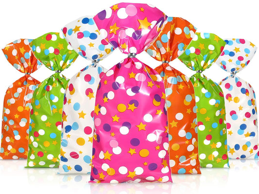 Pajean 100 Pcs Cellophane Treat Bags for Party Favors Polka Dots Goodie Star Treat Candy Bags with 100 Twist Ties Rainbow Stars Theme for Birthday Mother's Day Birthday Weddings Supplies