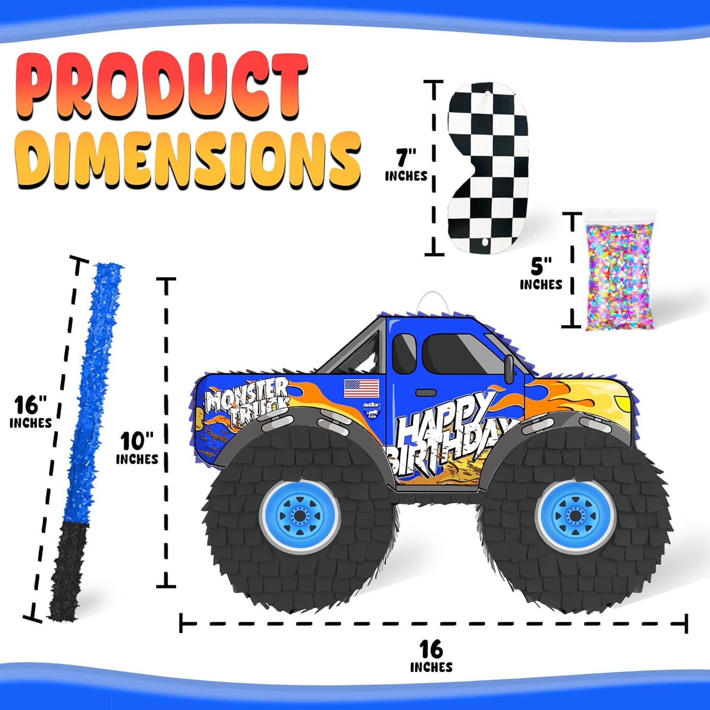 Jergrim Blue Monster Truck Piñata, Small 4 Piece Set, perfect for Kids Birthday Parties, Race Car Party Supplies fits piñata candy and party favors (17”X11”) Durable!