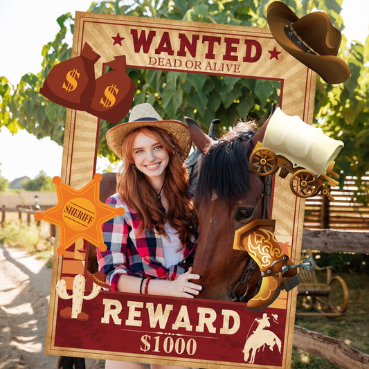 West Wanted Photo Booth Prop Kit Cowboy Party Decoration Wild Western Cowboy Theme Photo Booth Prop Set Wild Western Selfie Photo Booth Poster for Cowboy Cowgirl Rustic Party Supplies