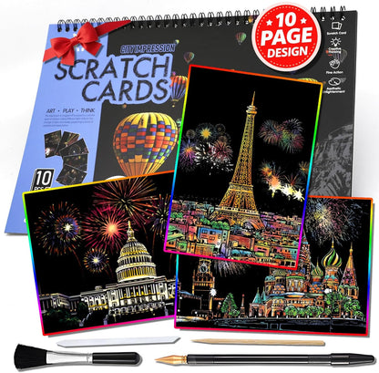 10 PCS Cityscape Scratch Art Book for Teen & Adults: DIY Colorful City Series Painting Paper | ASMR Stress-Relief Engraving Kit Scratchboard | DIY Sketch Card Creative Craft (Travel Landmarks B)