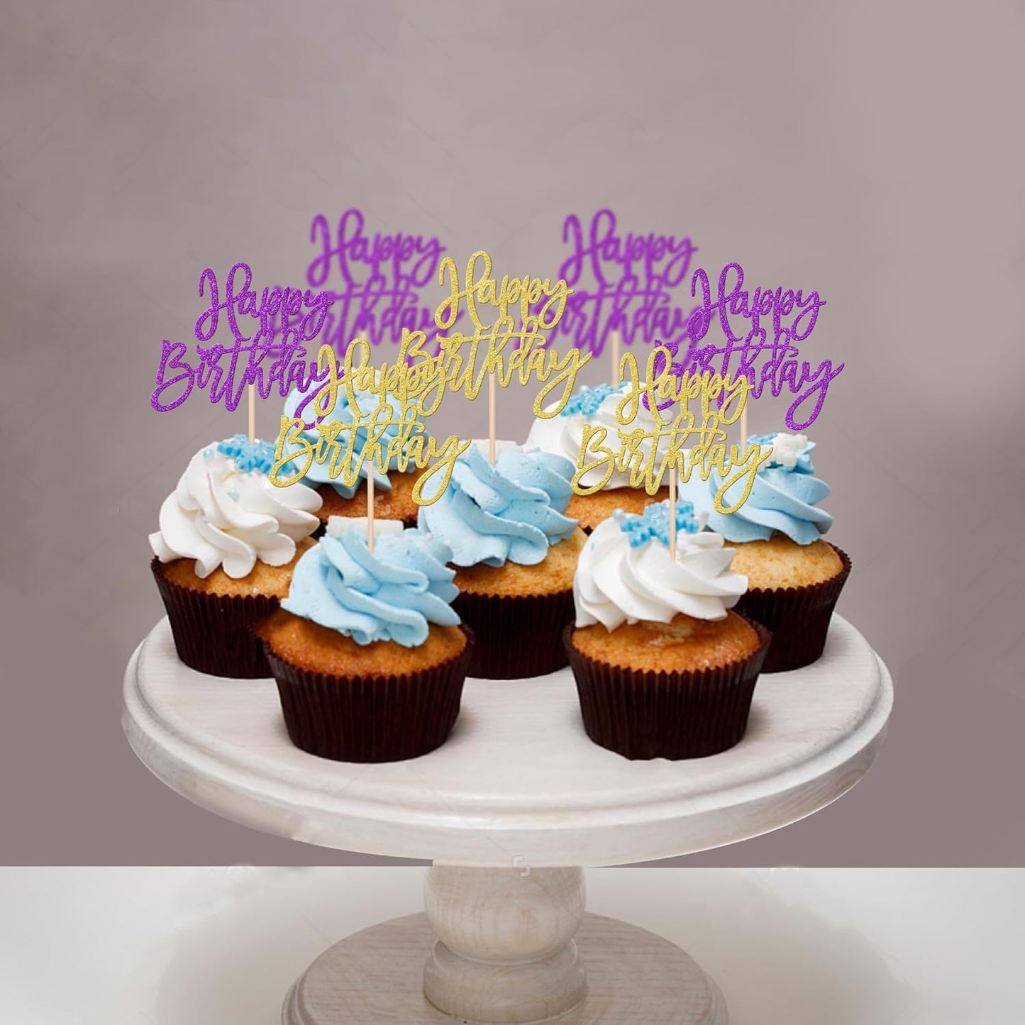 24 PCS Happy Birthday Cupcake Toppers Glitter Picks for Celebrating Anniversary Theme Party Cake Decorations Supplies Gold