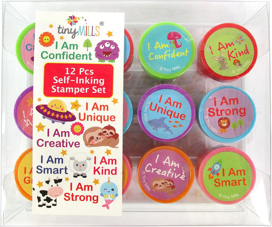 TINYMILLS 12 Pcs Positive Affirmation Stamp Kit for Kids - Positive Mindfulness Self Inking Stamps Gift Party Favors