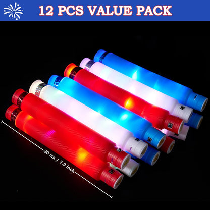 JOYIN 12 PCS 4th of July Red White Blue Glow Sticks & Light Up Pop Tubes, Patriotic Glow Toys Light up Bracelet Necklace, Independence Day Party Favors Supplies for Parade, Camp Games & Activities