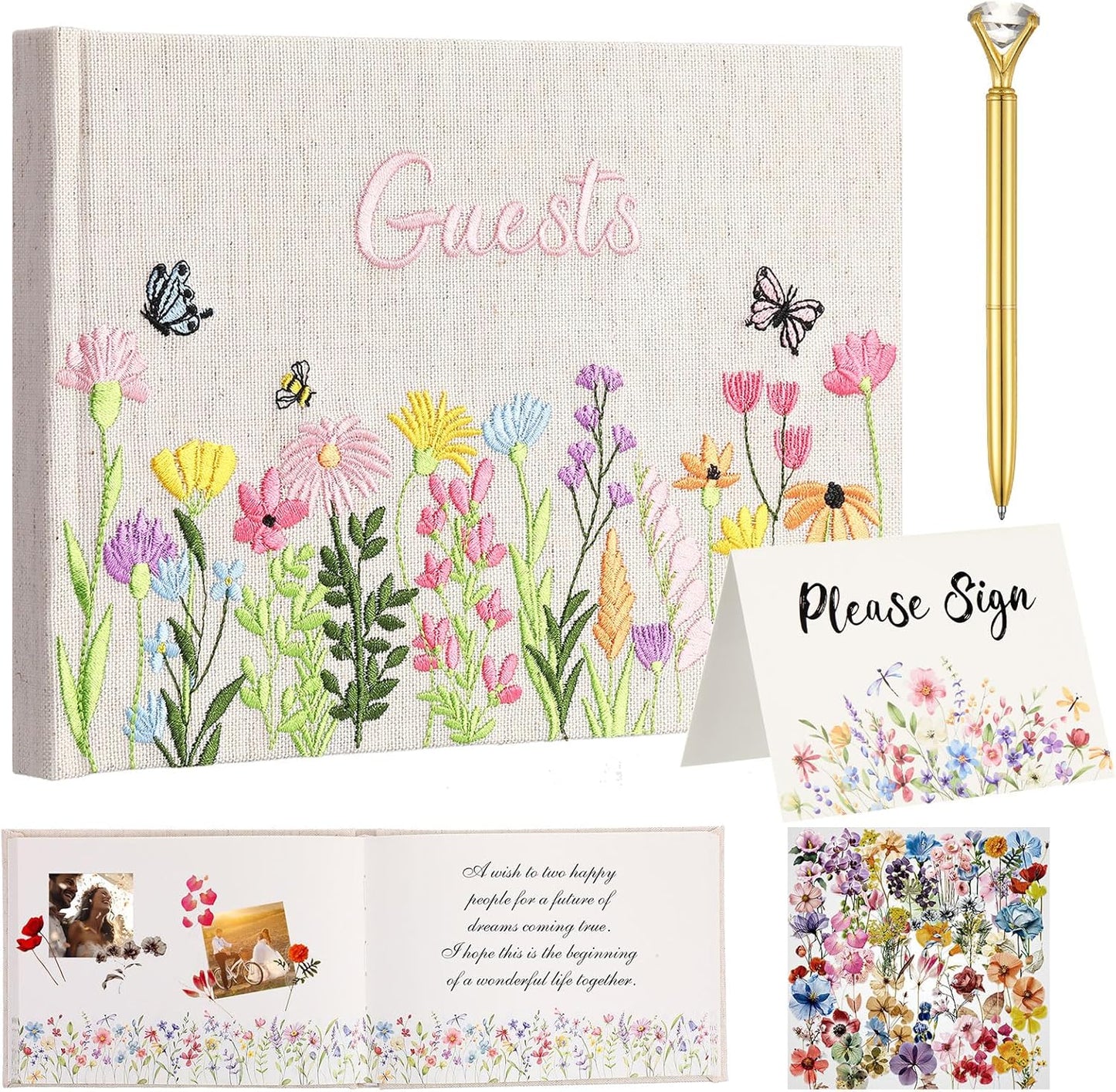 Ctosree Wedding Guest Book with Pens Wildflowers Embroidered Fabric Photo Album, Hard Cover Guest Book Wedding Reception for Baby Shower, Party, Bridal Shower(Colorful,8.3 * 6 Inch)