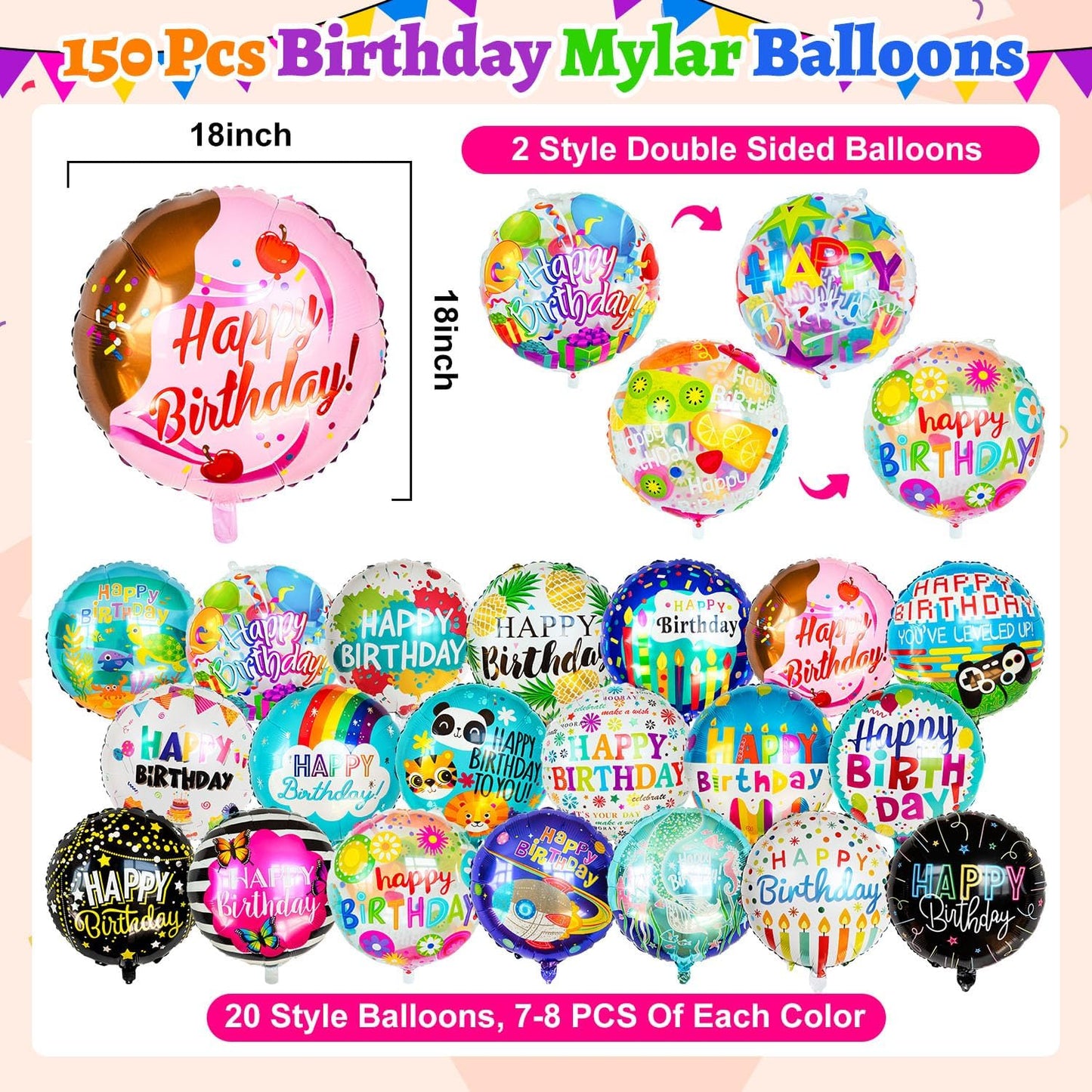 100 Pcs Happy Birthday Foil Balloons, 18IN Round Birthday Mylar Balloons for Party Decoration Supplies (20 Style)