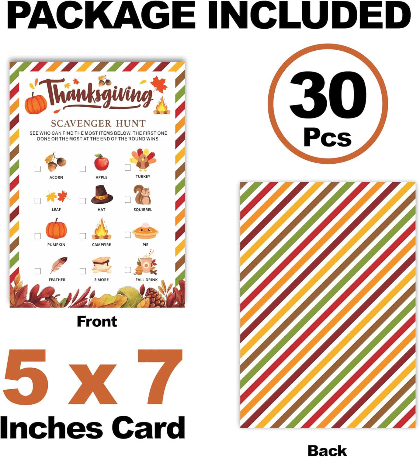 Thanksgiving Scavenger Hunt Game Set, 30 Harvest Stripes Theme Double-Sided Game Cards for Thanksgiving Parties, Family, Friends & Classroom Activities -B04