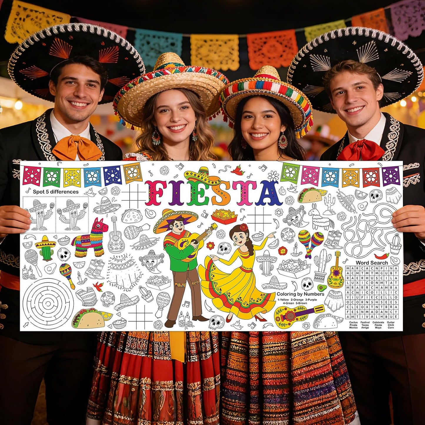 Mexican Fiesta Giant Coloring Poster Large Fiesta Coloring Tablecloth DIY Mexican-Themed Game Poster Drawing Banner Table Cover Art Craft for School Home Classroom Party Activity Supplies