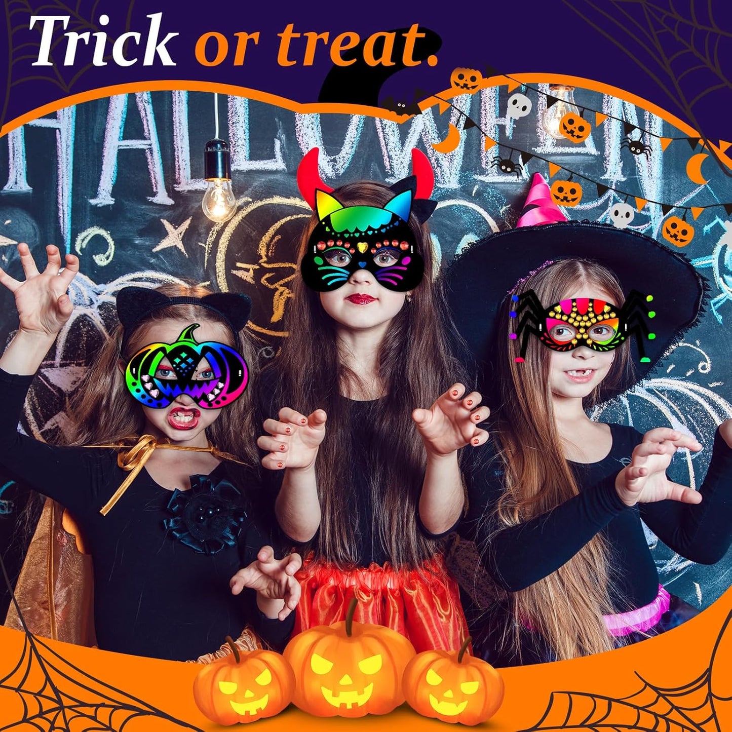Natonhi 32Pcs Halloween Crafts for Kids Rainbow Scratch Mask, Halloween Games Scratch Art and Craft Kit Classroom Activities Favors Party Supplies