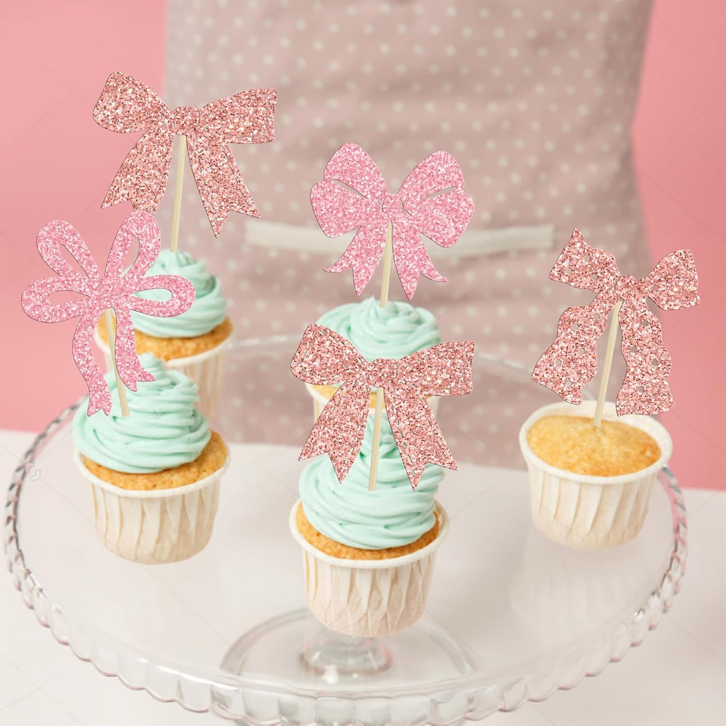 Ephlyn 24Pcs Pink Bow Cupcake Toppers Bow Birthday Cake Topper Girls Birthday Party Decorations Bowknot Cupcake Decorations for Bridal Wedding Themed Party Multi