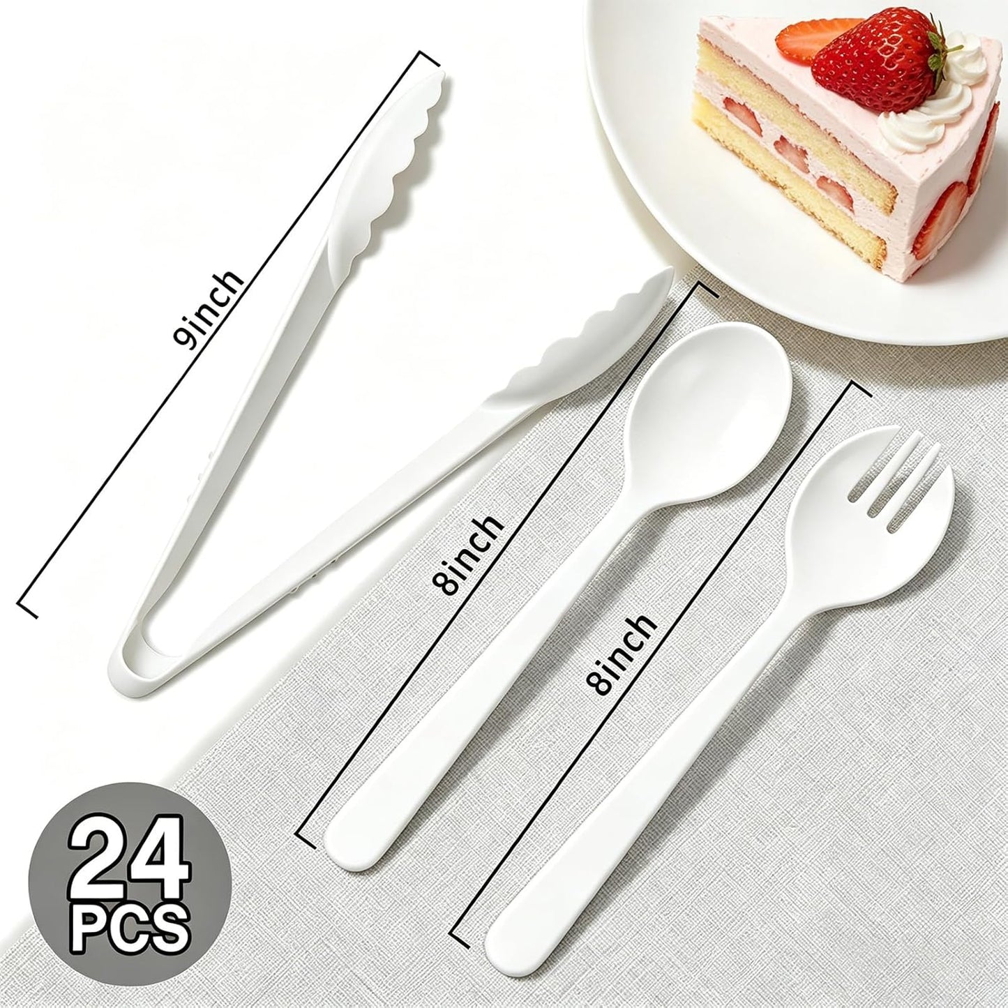 24 Pcs Black Plastic Serving Utensils Set - Heavy Duty Disposable Serving Spoons, Forks & Tongs (8 of Each) - BPA-Free Catering Supplies for Buffets, Parties, Weddings & Events (9 Inch)