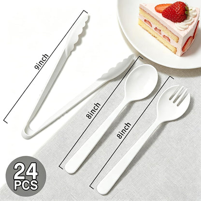 24 Pcs Black Plastic Serving Utensils Set - Heavy Duty Disposable Serving Spoons, Forks & Tongs (8 of Each) - BPA-Free Catering Supplies for Buffets, Parties, Weddings & Events (9 Inch)
