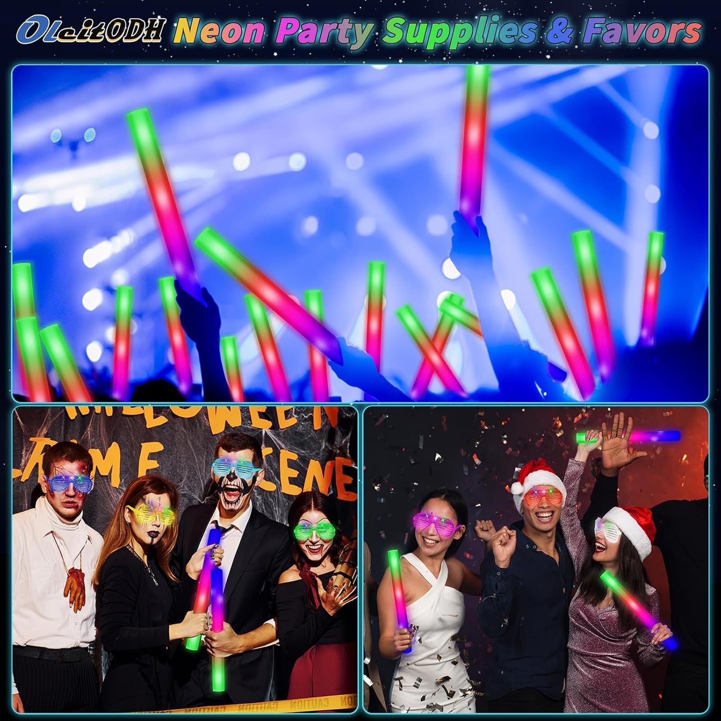 Oleitodh Glow in the Dark Party Supplies Set Bulk Neon Party Favor Toys Includes 30 Led Light up Glasses 10 Color 30 Light up Foam Sticks Bulk for Disco Wedding Birthday Concert Halloween Raves Party
