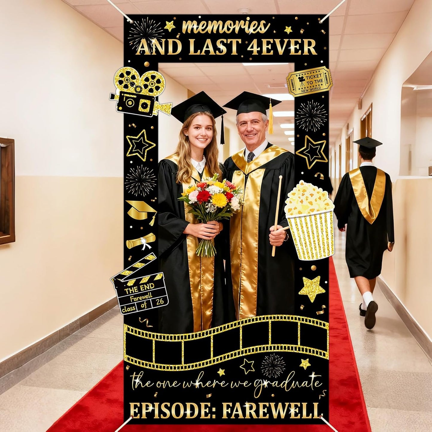 Graduation Decorations Class of 2026 Graduation Party Photo Booth Prop Black Gold Movie Background Congrats Grad Backdrop Banner for Middle High School College Party Decorations